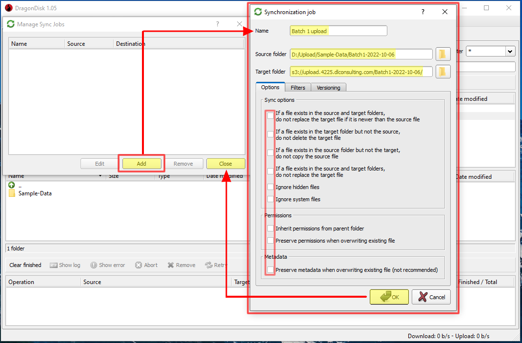 Screenshot showing how to set up synchronization job.