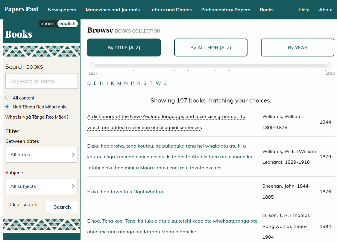 Papers Past - Books - Ngā Tānga Reo Māori search scope selected